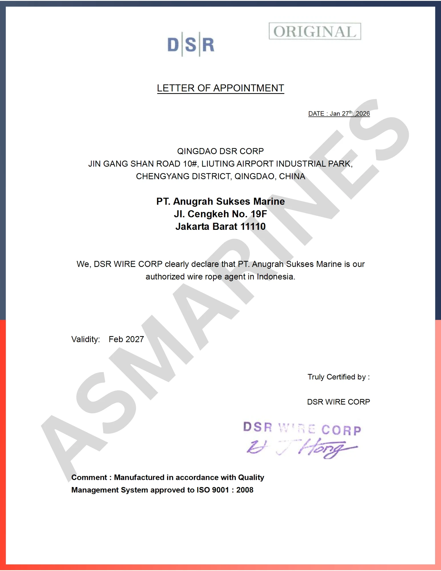 Agency Letter DSR Wire Rope